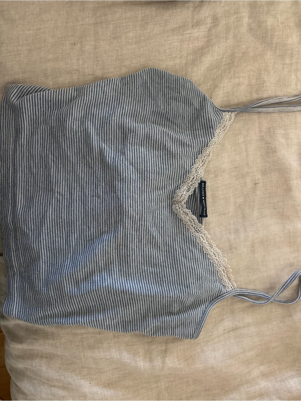 Brandy Melville Blue and White Striped Lace-Trim Tank